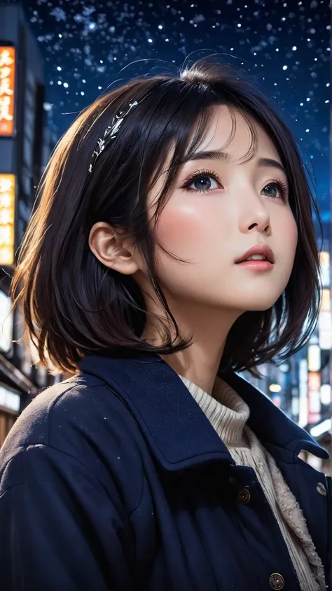  A beautiful Japanese woman looks up at the night sky like a model、 upper body、Winter outfit、 manga style, manga style art, manga style art, manga style art, manga style、In the city、