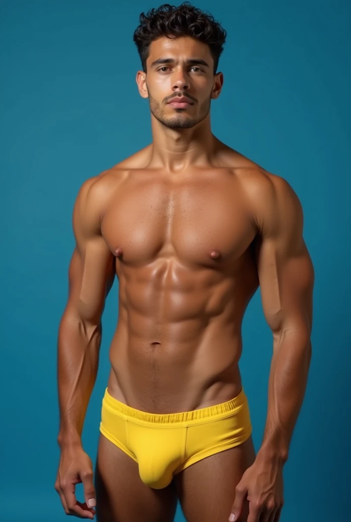  A handsome Brazilian man , beautiful, high, blue eyes, Face in harmony,  detailed eyes,  slightly muscular body , wide and muscular chest , strong arms,  thick thighs and defined muscles , slightly curly short hair ,  wearing simple yellow cotton briefs w...