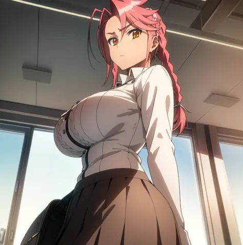 1 , alone, saya takagi,  long hair, hair, two braids, ( brown eyes : 1.5), hair hair, pink hair, cups, skirt, shirt, white shirt...