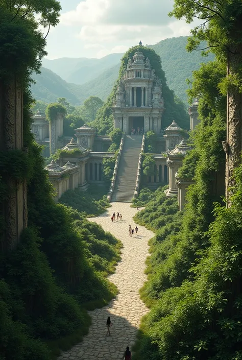 A ancient jungle overgrown city with stylized carvings of serpent people with big breasts sometimes visible through the vines (inspired by Mayan architecture)expansive view showing a temple square and many adjacent buildings
