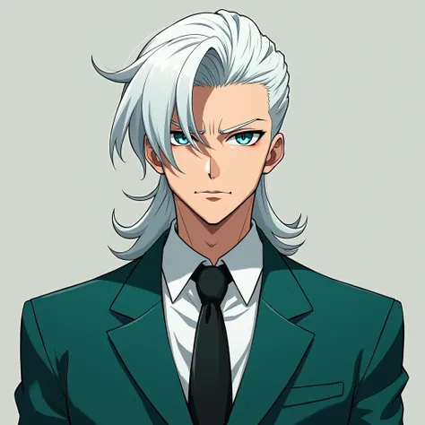  27-year-old albino male with mullet haircut , Hunter indigo eyes , bushy eyebrows, normal lips, upturned nose, defined cheekbones,  well-defined and worked body , high,  dressed in a formal pine green suit and black tie,  anime style 