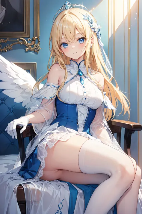 A modern style bedroom ，A charming blonde angel sits on a bedroom chair and looks， Her long hair is adorned with delicate hair accessories ，She has bright blue eyes and a bright smile 。 She is wearing a blue and white off-the-shoulder pleated dress ，Match ...