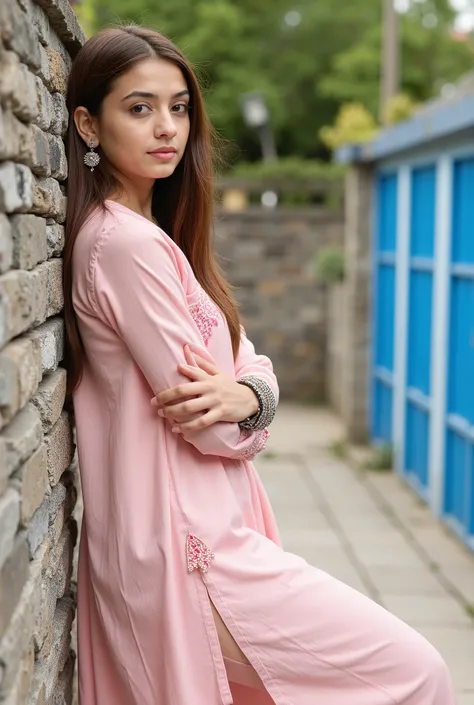 
"A young woman, idol face, fair skin,with long, straight deep chestnut coloured hair is leaning against a stone wall in an outdoor setting. She is wearing a light pink, embroidered traditional outfit, accessorized with silver jewelry, including bangles an...