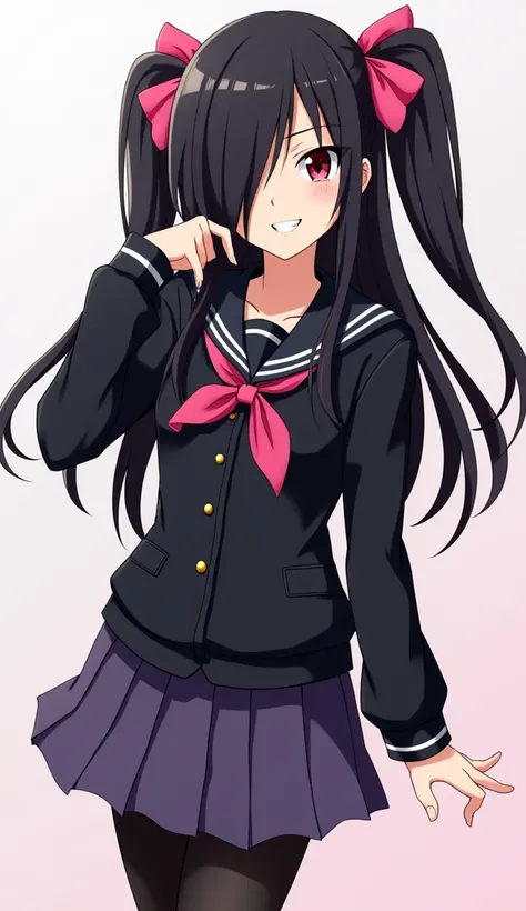 Kurumi Tokisaki from Date A Live anime, black sailor styled japanese school uniform jacket, long black hair with a pink ribbon at shoulder height making long pigtails on each side, hair covering left side of face, devious smiling grin, red eyes, purplish b...