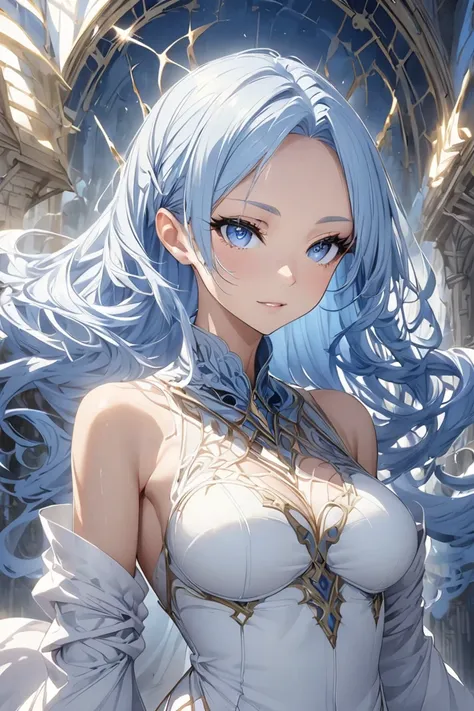 female、 light blue hair、 blue eyes、 fantasy world view 、Manipulate Magic 、Slender body、 upper body