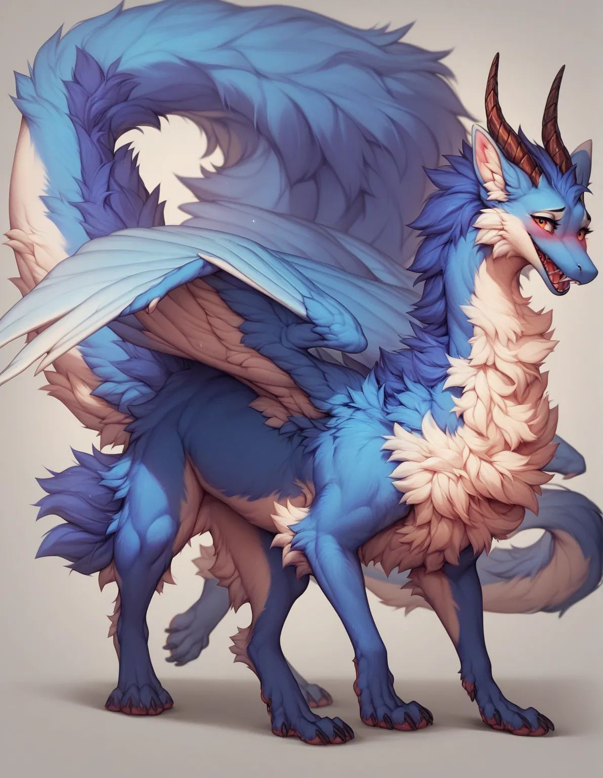 furry art, feral, furred dragon, female, full body, white and blue fur, thicc, wings, horns, tail, chest fluff, paws, fangs,  to...