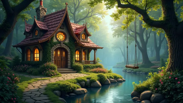  Best Quality ,realistic detailed fantasy house in an  enchanting  forest, Quiet stream banks ,( abundant woody vegetation , lots of leaves , thick moss ),( sparkling fireflies , dancing butterflies , mysterious atmospheric systems and A shady , supernatur...