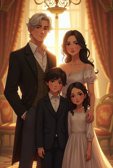 The family stands in a grand, sunlit room, surrounded by the warmth of antique furniture and rich, elegant décor. The soft glow of a chandelier reflects off the golden accents of the room, casting a serene, almost magical atmosphere over the scene. The gro...