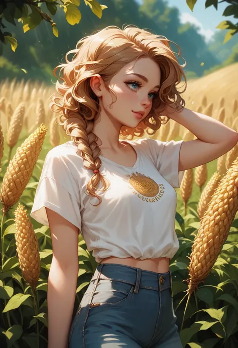 hardworking woman with curly chestnut hair tied into a loose braid, wearing a denim overall over a linen shirt, small breasts, waist-up, surrounded by golden wheat fields under soft sunlight