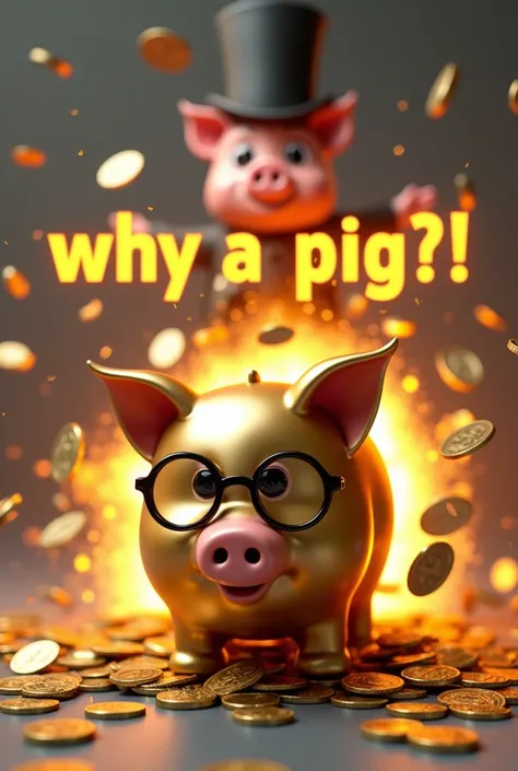 A 3D-rendered golden piggy bank bursting open, with coins and dollar bills flying out, glowing intensely.In the background: A realistic pig wearing a monocle and top hat, looking smug and sophisticated.Overlay text in bold, glossy font: “WHY A PIG?!” with ...