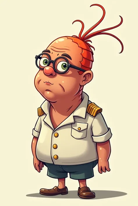 Funny cartoon of a thin bald man wearing round glasses in a shrimp costume, Shrimp head on top of his and yacht captains jacket