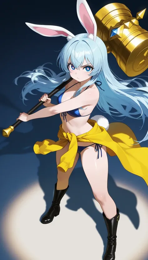 cute rabbit beast woman, shiny silky light blue hair, captivating eyes, amorous and lewd expression, superlative body proportion, wearing blue bikini with blue pareo tied around waist, short boots, holding a huge gold-plated decorated hammer, delicate and ...