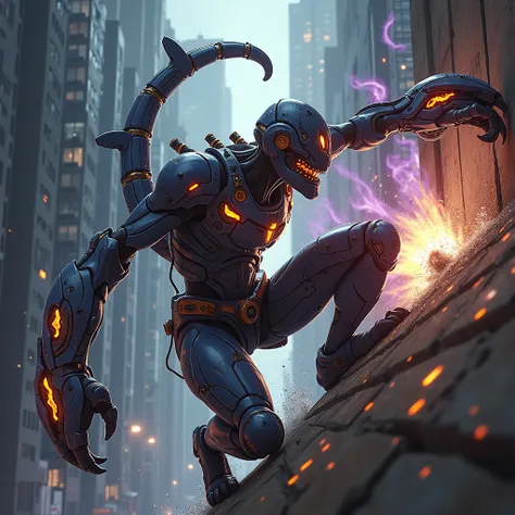 (drone & far view) Recursive droste effect, hyper-Realistic macro, Scorpion-man features an eye masked man in dull blue armor with orange accents combining Warframe anime style & Steampunk style, adding more detail to the orange parts, cinematography. He s...