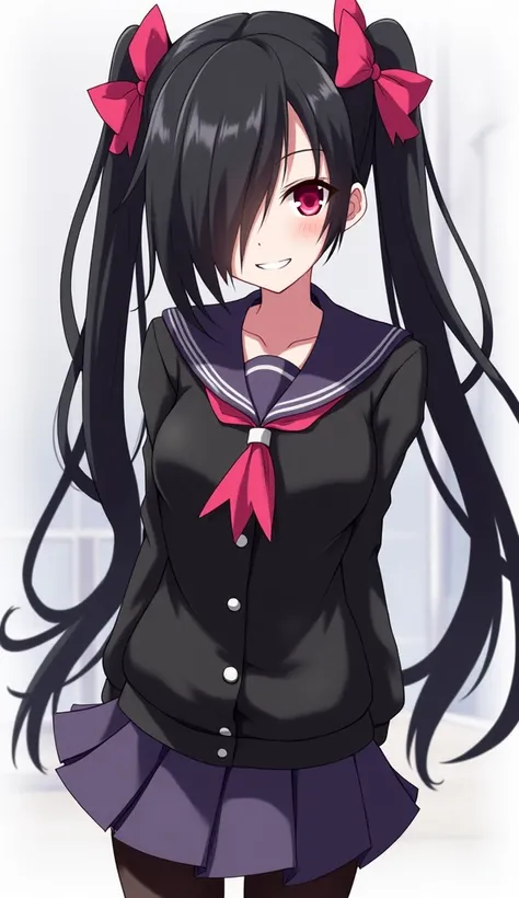 Kurumi Tokisaki from Date A Live anime, black sailor styled japanese school uniform jacket, long black hair with a pink ribbon at shoulder height making long pigtails on each side, hair covering left side of face, devious smiling grin, red eyes, purplish b...