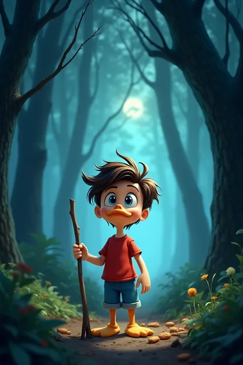 A Pixar-style cartoon showing the young boy duck (handsome with big blue eyes, red t-shirt, blue shorts brown hair) standing alone in the dark forest. The  has vanished into a swirl of ghostly mist, leaving the boy duck confused and slightly scared. He clu...