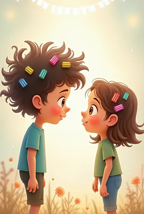 Boy with hair with curlers and girl with medium short hair looking at each other
