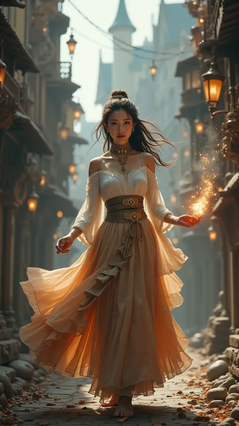  Beautiful Korean Lady. magician ， Steam Century . Europe. fantasy. Adventure Skirt . [ Magic Wand，standing. whole body. from below.  