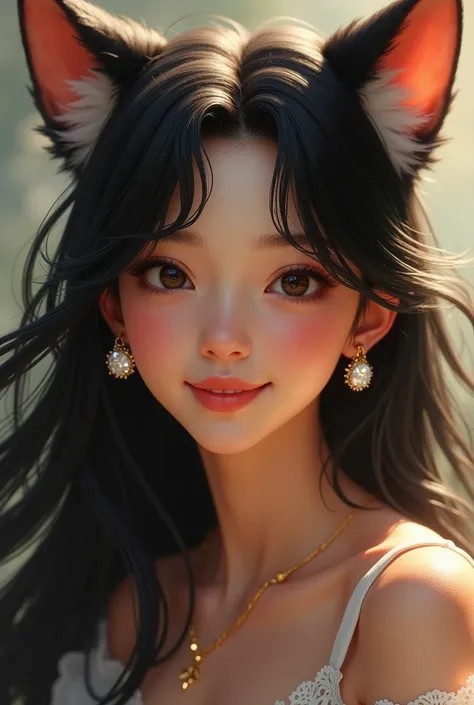 1girl, Long Hair, Black Hair, Animal Ears, Earrings, Smile, 