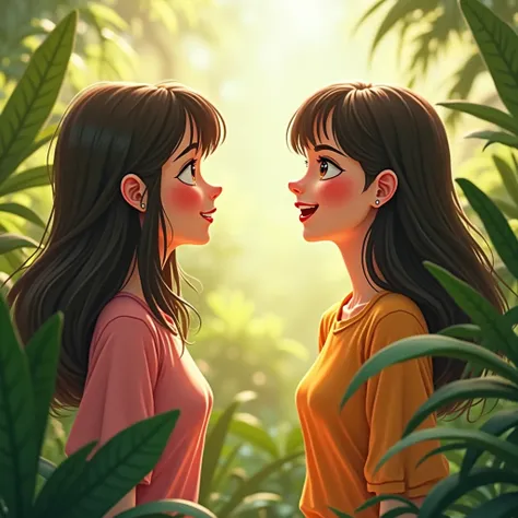 Talk between two animated women ,  both with straight hair with plants 