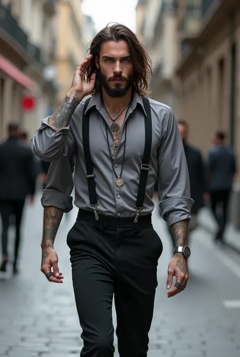 A gothic European man, dark gothic looking, fair skin, long brown hair with short brown beard, brown eyes with black eyeliner, wearing elegant grey vintage shirt with black suspenders, black vintage pants and elegant black shoes, with necklaces and rings w...