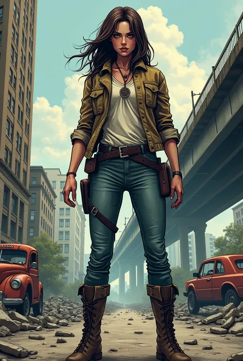 a woman, full body, in the background a bridge, the zombie apocalypse thematic, comic drawing style, HD, without gun,without weapons, very detailed.