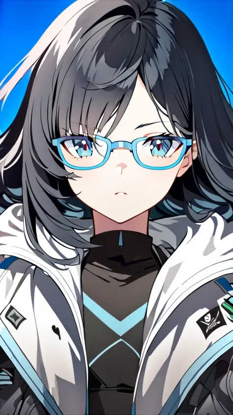 1 girl, Alone, Pretty black hair very very long ,  looking at the viewer, Buste , badass, glasses,  stylized badass gamer jacket in blue,  blue background and environment, montrant une image de son buste allant de sa tête à ton ventre, les cheveux sont rel...