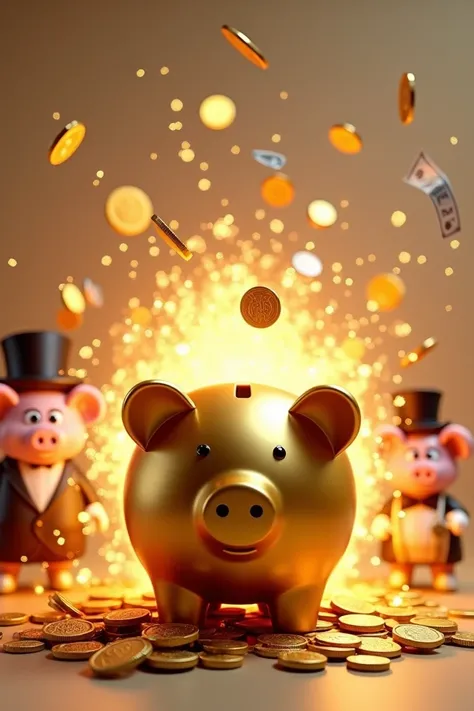 A 3D-rendered golden piggy bank bursting open, with coins and dollar bills flying out, glowing intensely.In the background: A realistic pig wearing a monocle and top hat, looking smug and sophisticated