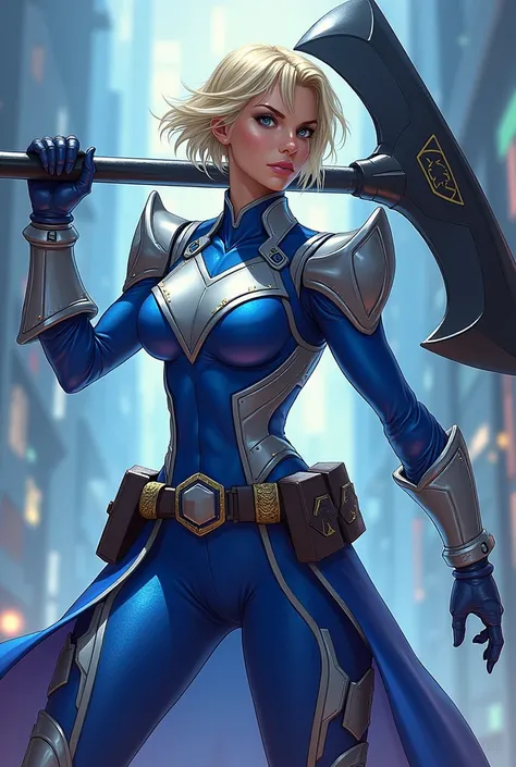 Create a gaming profile image of a blue power ranger short haired blonde woman holding a black sickle