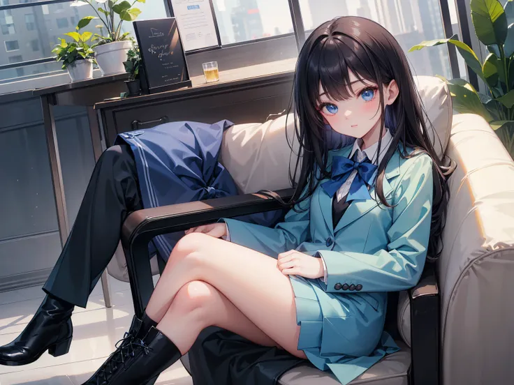 high school students ， Has long, dark hair ， with warm blue eyes ， Wore a fresh blue suit and black boots， pure white collar and bright green bow 。 has long dark hair and warm blue eyes ， sitting in a chair 。