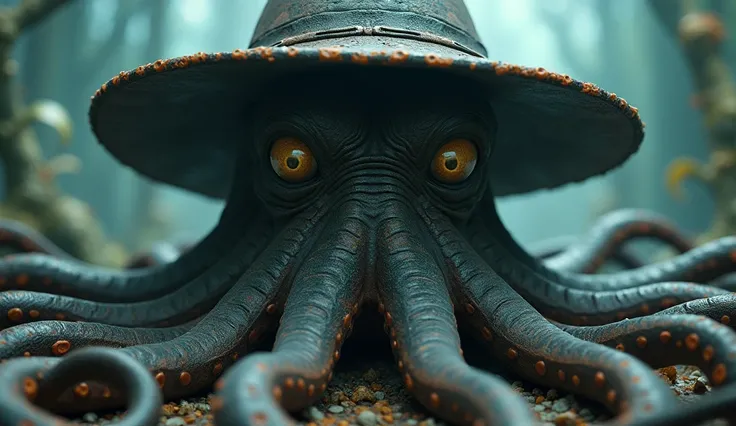 a close up of a statue of an octopus wearing a hat, lovecraft mythos, cthulhu mythos, photo of cthulhu, gigantic cthulhu, h.p. lovecraft as cthulhu, highly detailed surreal vfx, ancient eldritch horror cthulhu, cute cthulhu, giant cthulhu, lovecraft style,...