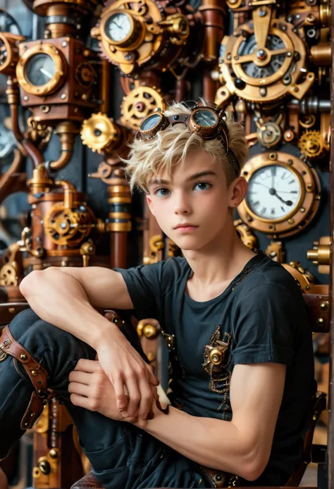 A full-body photo of a young  male cute boyish imature shirtless 18yo teenager, Innocent face, innocent expression super skinny, blond, handsome, cute handsome boyish face,   wearing a super tight steampunk shorts hyperrealism photo. Full-body male focus. ...