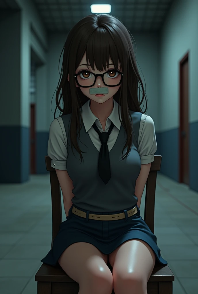 ai girl, bound, long hair, brown eyes, eye glasses, arms together behind back, best quality, ultra-detailed, high resolution, extremely detailed cg, unity 8k wallpaper, masterpiece, perfect skinny body, ai picture, femsub, white elbow sleeves with non-butt...