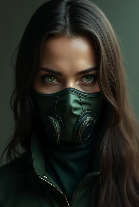 (photorealism:1.2), skull masked military brunette woman dark green eyes long brunette hair