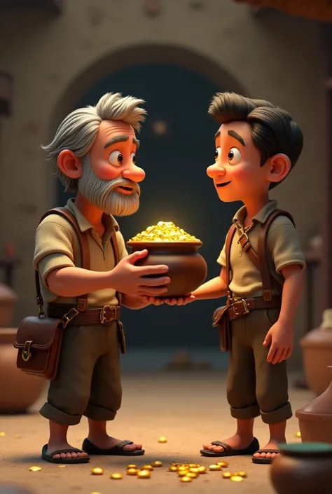 create image in 3d animation realistic faces,,
   - **Scene**: The buyer visits the seller, carrying the pot of gold.  Two Man 
   - **Details**: The buyer speaks earnestly, holding out the pot, while the seller looks surprised.