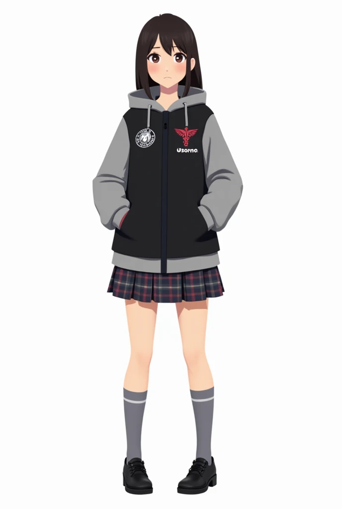  Animated adolescent woman with black poleron with gray hood and sleeves and with closure logo without designs embroidered in white"Instituto Comercial " curved and the red caduceus and below the white name OSORNO and skirt Scottish checkered pattern in sh...