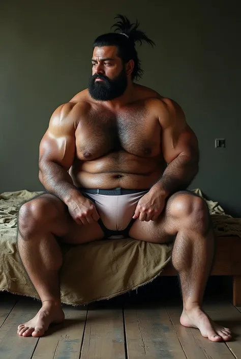  Fat muscular Maori man,  you are wearing a clear boxer,  Your erection is marked, that show his legs and feet, Hairy little body , your skin is sweaty ,  you are sitting on a dirty mattress  