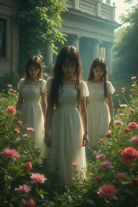  Generate several beautiful and young girls in a garden with flowers in a house, But let it be terrifying and nostalgic because it is their souls that grieve 