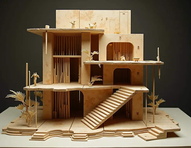 Palabras clave generales
 Conceptual architecture , scale 1/25,  3-level model .
Materials:  balsa wood ,  metal rods ,  golden sheets .
style: minimalist, Abstract,  narrative .
 divided spaces ,  connected by stairs or ramps .
 Symbolic Elements ,  trans...