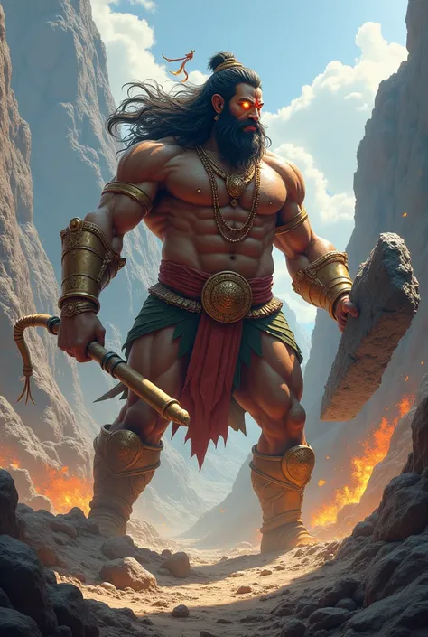 Lord Hanuman in his giant form has a mountain in one hand and a mace in the other. In front of him is the huge demon Kumbhakarna, whom Hanuman is killing with his mace.