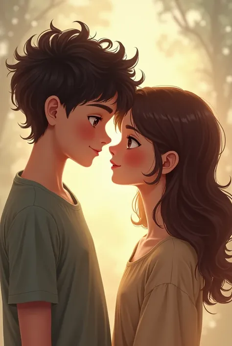 Boy with hair with curlers and girl with medium length hair looking at each other with love 
