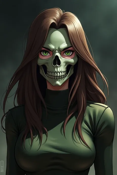 skull masked military brunette woman dark green eyes long brunette hair animated 