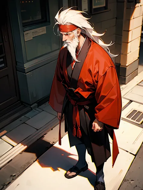 1male , Red Headband. Messy White Hair , Black and Red Gi , Wrinkles , Haori , Perfect Generation , Beard , Hands at Sides , Standing On Sidewalk