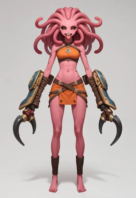 semi realistic, rpg character, full body view, masterpiece, best quality, detailed face, humanoid rpg race face, adult, female, fantasy race,(pink skin:1.1),(black sclera:1.2),yellow eyes,magenta rasta tentacle long hair, round small ears. wears cords and ...