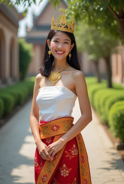 Prompt: Portrait Realistic Photography A young woman dressed in traditional Southeast Asian attire stands gracefully outdoors. She wears a strapless white top paired with a red and gold sarong that features intricate patterns. Adorned with elaborate gold j...