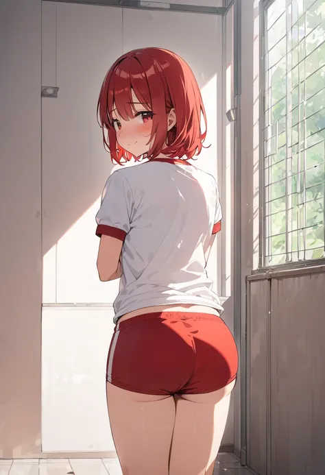 standing alone, 1 teen,((red Medium hair)),gym uniform, gym shirts, white t-shirts,((red buruma)),shy smile with a blush on her cheeks, breasts big, big-ass, (rear view: 1.1), indoors, classroom