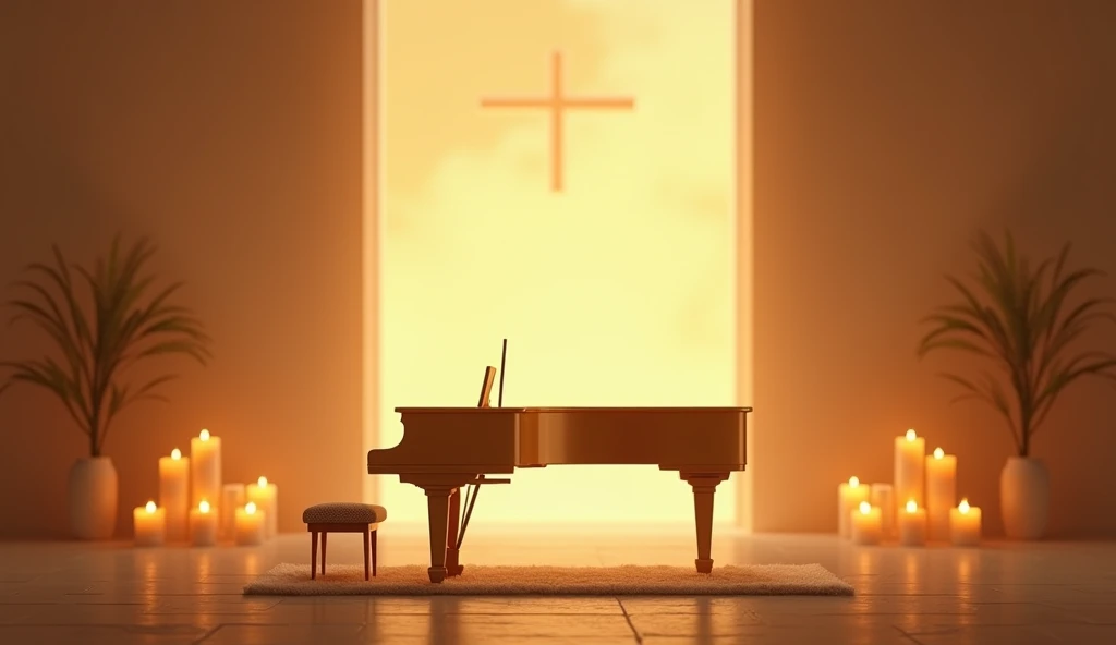  designs an evocative background with a piano in a warm and serene environment .  includes soft elements such as candlelight , a sunrise or sunset ,  and a space that transmits spiritual tranquility .  Use warm colors like gold ,  soft pastel tones and min...