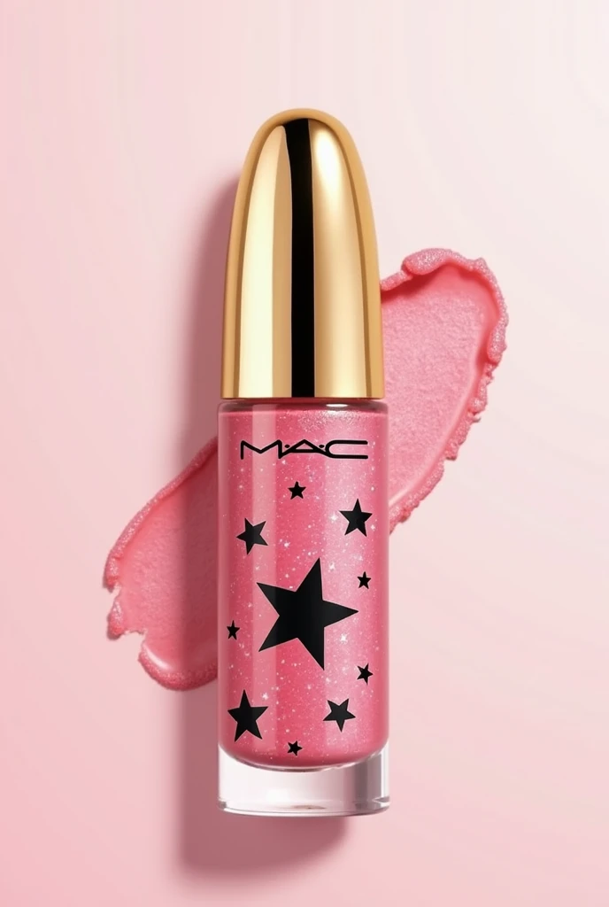 I need to create a lip gloss that has the MAC Cosmetics brand. The packaging of the gloss should be the gold cap and the transparent bottle with black stars, The gloss must be pink with sparkles .  the mac cosmetics logo MUST appear on the bottle. The pink...