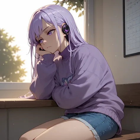 masterpiece,1girl,solo,light purple hair,purple sweater,violet eyes,jean shorts,airpods,leaning aganst tree,school background,morning,bored expression,using phone