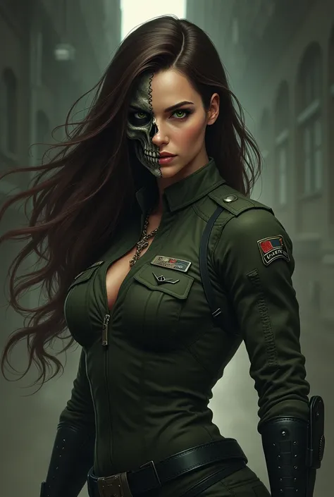 Half skull faced military brunette woman dark green eyes long brunette hair animated 