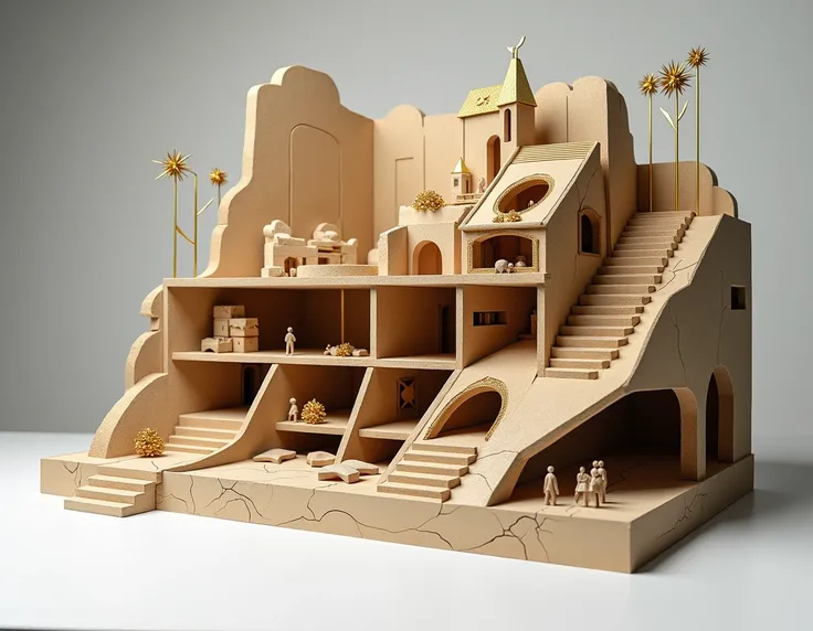 Palabras clave generales  Conceptual architecture , scale 1/25,  3-level model . Materials:  balsa wood ,  metal rods ,  golden sheets . style: minimalist, Abstract,  narrative .  divided spaces ,  connected by stairs or ramps .  Symbolic Elements ,  trans...